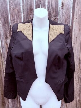 Black Open-Front Blazer with Gold Embellished Shoulders